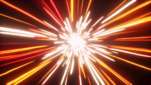 深紅と燃えるようなオレンジの光の軌跡、モーションブラーによる高速カメラ風の抽象的背景