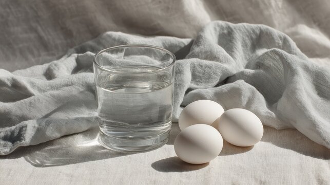 still life composition, glass of water next to eggs on linen cloth, minimal aesthetic, soft daylight
