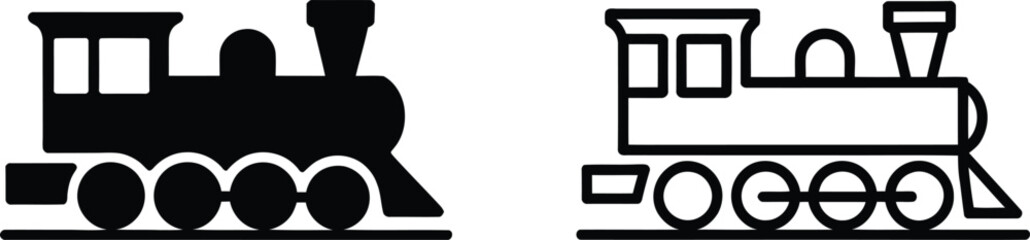 Steam Locomotive Train Icon Set Black Silhouette and Outline Vector Illustration © MdHasanur