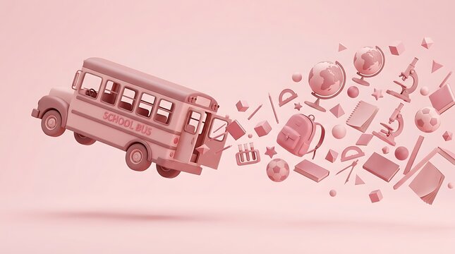 Pink school bus flying with floating educational supplies and school stationery on a solid pastel background for back to school concept