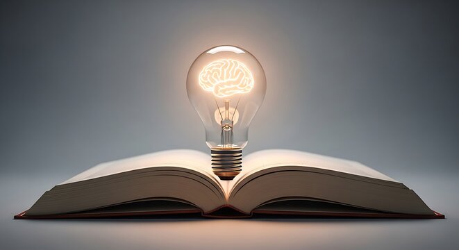A glowing brain, inside a lightbulb, sits atop an open book, symbolizing knowledge