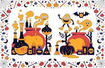 Fototapeta premium Whimsical halloween themed illustration featuring playful characters with mystical brewing paraphernalia