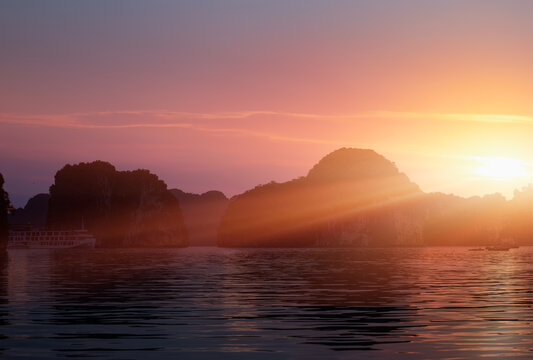 Sunset In The Morning On The harbour In Ha long Bay In Vietnam