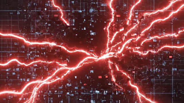 Red Electrical Lightning Arcs Overloading Dark Technological Grid Interface in Abstract Security Breach