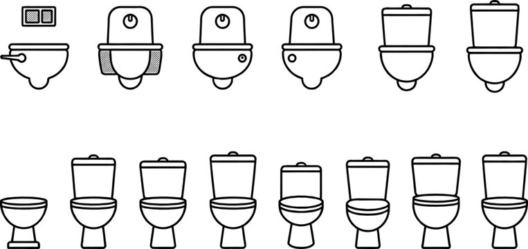 Set of modern toilet line art vector icons for bathroom interior design plumbing fixtures and architectural layouts