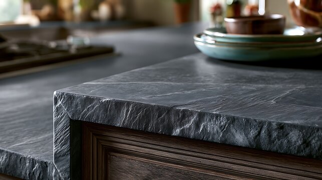 Modern kitchen countertop made of natural dark textured stone with a rustic chiseled edge.