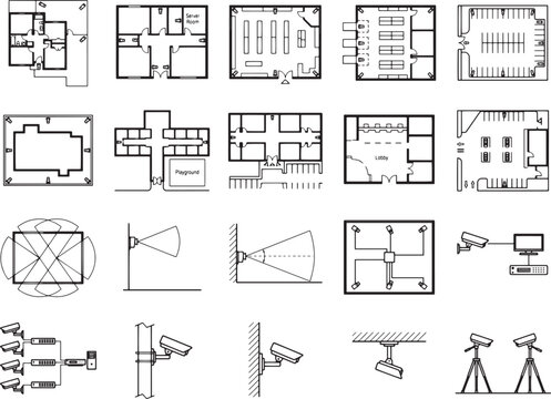 A comprehensive collection of architectural floor plans and security system diagrams, showcasing blueprints for buildings and the technical setup of surveillance technology.