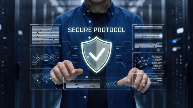 Secure protocol verification on virtual screen, IT specialist managing server room security systems, data protection checklist, network authentication, cloud computing safety, c...
