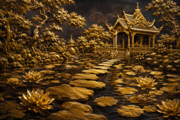Fototapeta premium Golden Thai Temple Pavilion in Lotus Pond