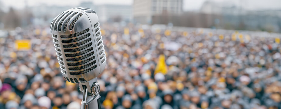 Microphone crowd protest rally outdoor speech public window speaker stage event