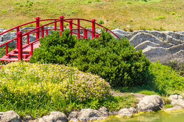 Obraz premium Red Japanese bridge over pond in landscaped garden on sunny summer day