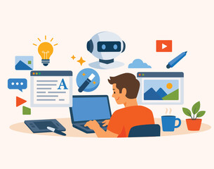 Person at desk with laptop and creative icons showing AI digital creativity and multimedia design © Sumaiya