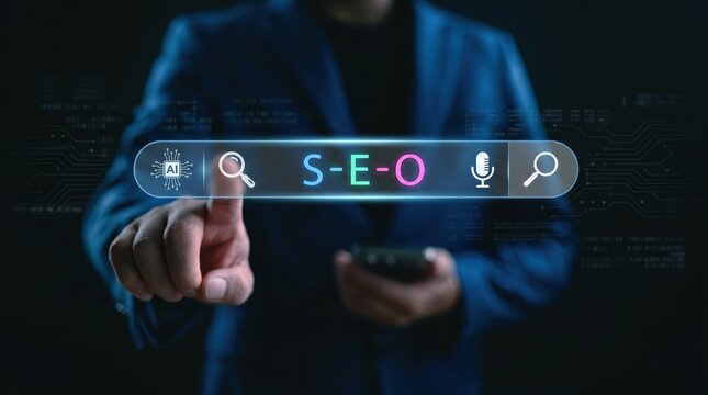 SEO search engine optimization concept, digital marketing strategy illustration, website ranking improvement, keyword research tool interface, online visibility growth, business...