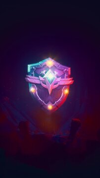 Stylized Fantasy Shield Levitating In Dark Cave With Purple Neon Glow 3D Loop