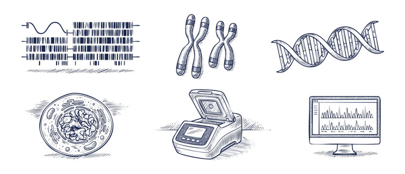 DNA genetics vector sketch illustrations of chromosome, double helix, cell, PCR machine, and sequencing chromatogram on white background for biology science laboratory education research concept.