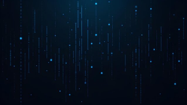 Abstract visualization of blue digital data streams and binary code falling vertically on a dark navy background, ideal for technology and cybersecurity marketing.
