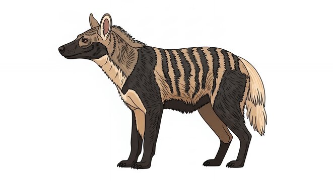African wildlife aardwolf mammal illustration with distinct striped coat and mane standing on a plain white background