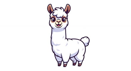 Fototapeta premium Cute White Alpaca Illustration with Fluffy Wool and Smiling Face Isolated on White Background for Children Design