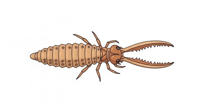 Detailed Antlion Larva Graphic with Long Mandibles and Segmented Body Isolated on Plain White Backdrop