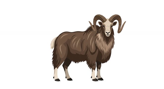 Wild Mountain Ram with Large Spiral Horns and Brown Fur Illustration Standing Isolated on a Plain White Background