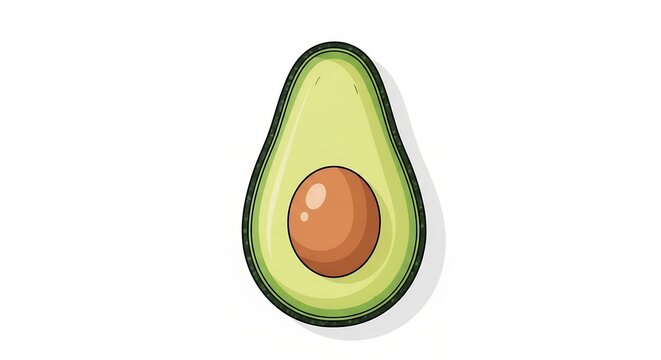 Isolated fresh green avocado half with seed on white background, organic healthy food illustration for menu design