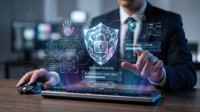Cyber security authentication concept with biometric scan and digital shield protecting data privacy