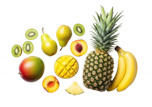 Assorted fresh tropical fruits including pineapple mango and banana isolated on transparent background