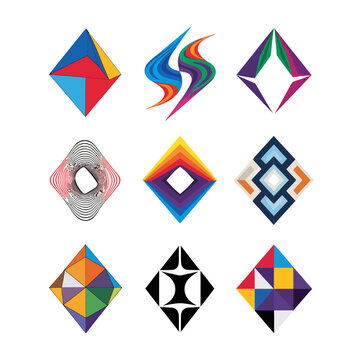 Collection of modern abstract geometric logo icons with colorful diamond and wave shapes.