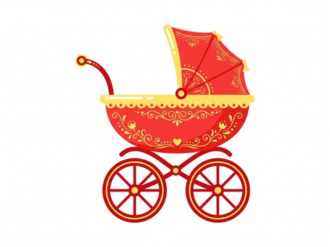 Vintage red baby pram with floral pattern. Classic retro stroller isolated on white background for nursery decor.
