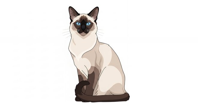 Elegant Siamese Cat Illustration Sitting with Bright Blue Eyes Isolated on a Clean White Background for Design