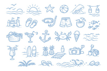 Fototapeta premium Mediterranean summer lifestyle hand drawn doodle icon set featuring food travel beach elements and vacation holiday vibes vector. Set of hand drawn travel and summer vacation doodles, collection
