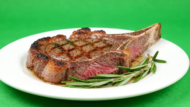 Grilled juicy ribeye steak with rosemary on a white ceramic plate rotating slowly against a solid green screen background