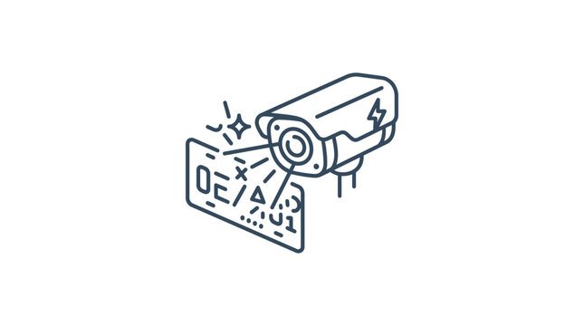 Security camera scanning car registration plate for surveillance and automated traffic monitoring