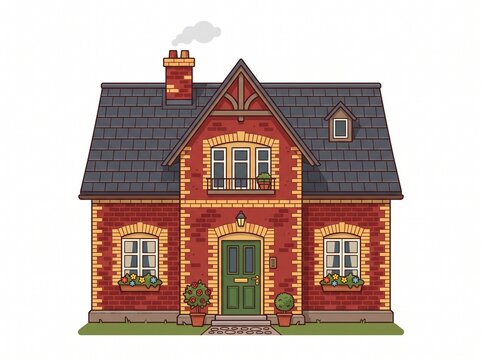 Red brick house illustration. Cozy suburban cottage with a smoking chimney.