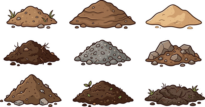 Soil and Ground Piles Vector Icon Set Featuring Dirt Sand Gravel and Compost Heaps for Gardening Construction and Agriculture Design Elements