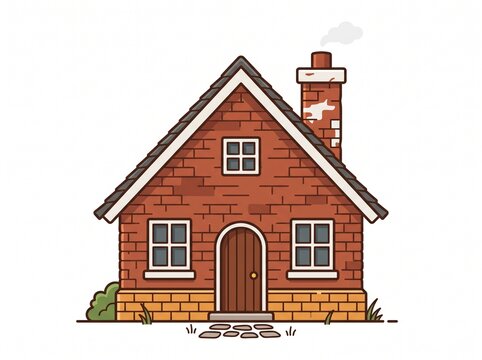 Small brick house illustration. Cozy cottage icon with chimney and garden path.