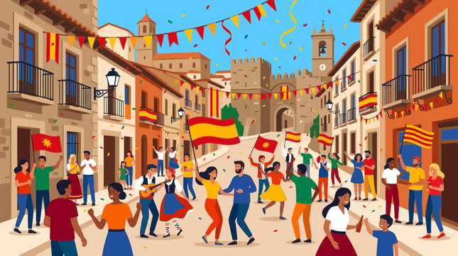 Spanish Street Fiesta with People Dancing and Flags in Traditional Village