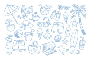 Summer beach icon element set. Hand drawn doodle sketch with sun, sea, travel vacation holiday trip. Cute beach icon elements with sunglasses umbrella palm camera suitcase. Vector illustration © Hike Studio 2