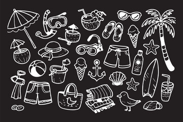 Summer beach icon element set. Hand drawn doodle sketch with sun, sea, travel vacation holiday trip. Cute beach icon elements with sunglasses umbrella palm camera suitcase. Vector illustration © Hike Studio 2