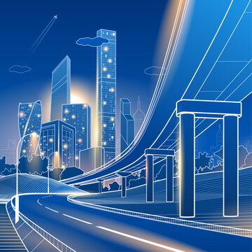 Modern city skyline with elevated highway over a curved road, futuristic urban infrastructure and illuminated skyscrapers at dusk. Clean blue line art vector illustration
