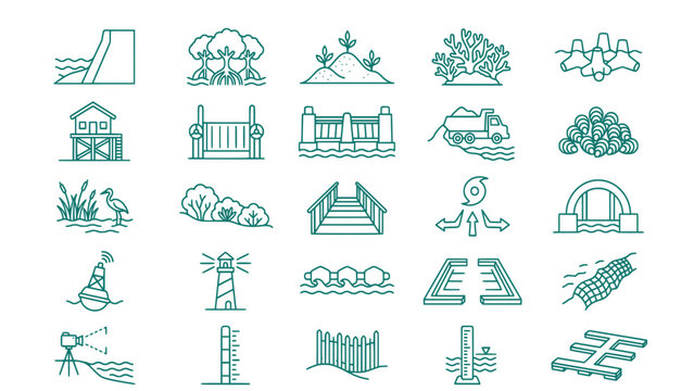 Coastal Climate Adaptation Outline Icons Set &ndash; Coastal Protection Vector Collection
