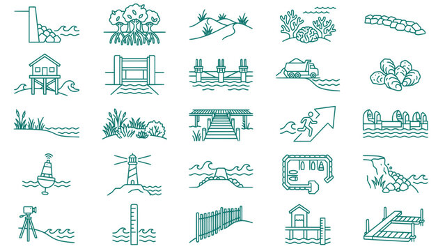Coastal Climate Adaptation Outline Icons Set &ndash; Coastal Protection Vector Collection