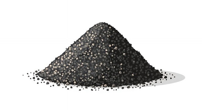 Industrial heap of black charcoal or dark volcanic soil granules isolated on a plain white background illustration