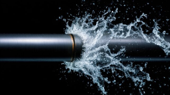 A metal pipe bursting with water, creating an impressive splatter against a dark background