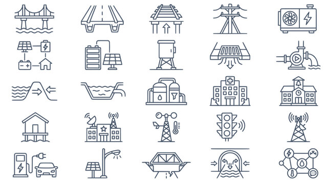 Climate Resilient Infrastructure Outline Icons Set &ndash; Sustainable Infrastructure Vector Collection
