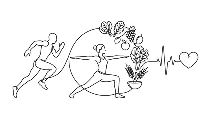 Fototapeta premium Healthy lifestyle concept with running man and yoga woman line art.