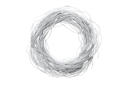 White tangled abstract fiber wreath swirling in an elaborate circular shape with transparent background
