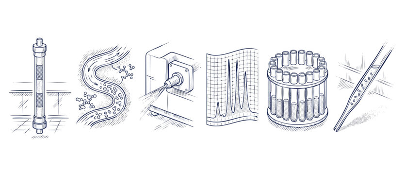 Chromatography laboratory scientific diagram icons showing chemical analysis process steps with column separation, mass spectrometry, data chart, test tubes, and pipette in blue line art sketch style.