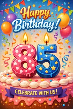 Colorful eighty fifth birthday celebration cake with candles balloons confetti and festive party design