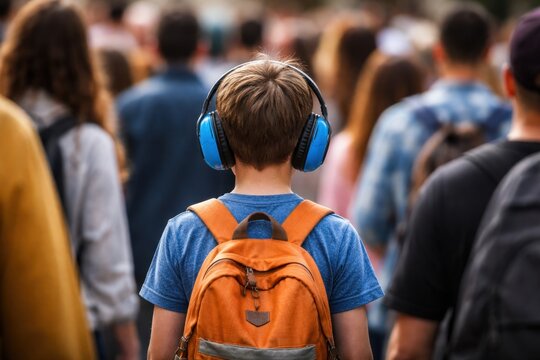 Young student wearing headphones and backpack walking through busy crowd in urban public space